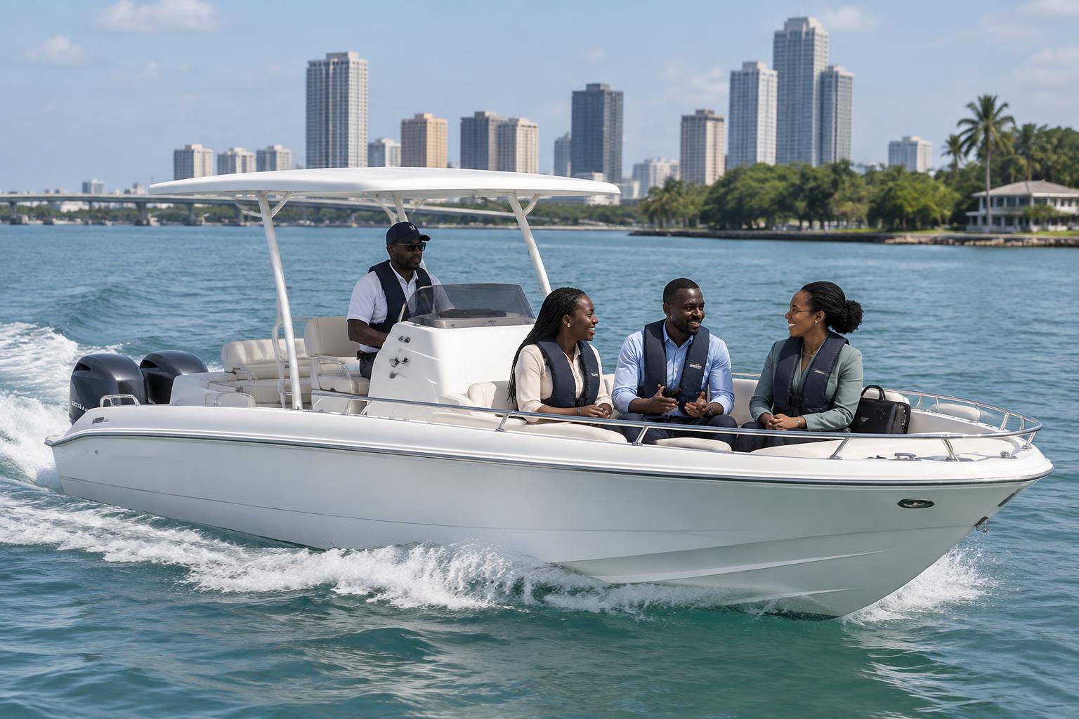 Professionnels traversant la lagune en bateau avec capitaine à Abidjan