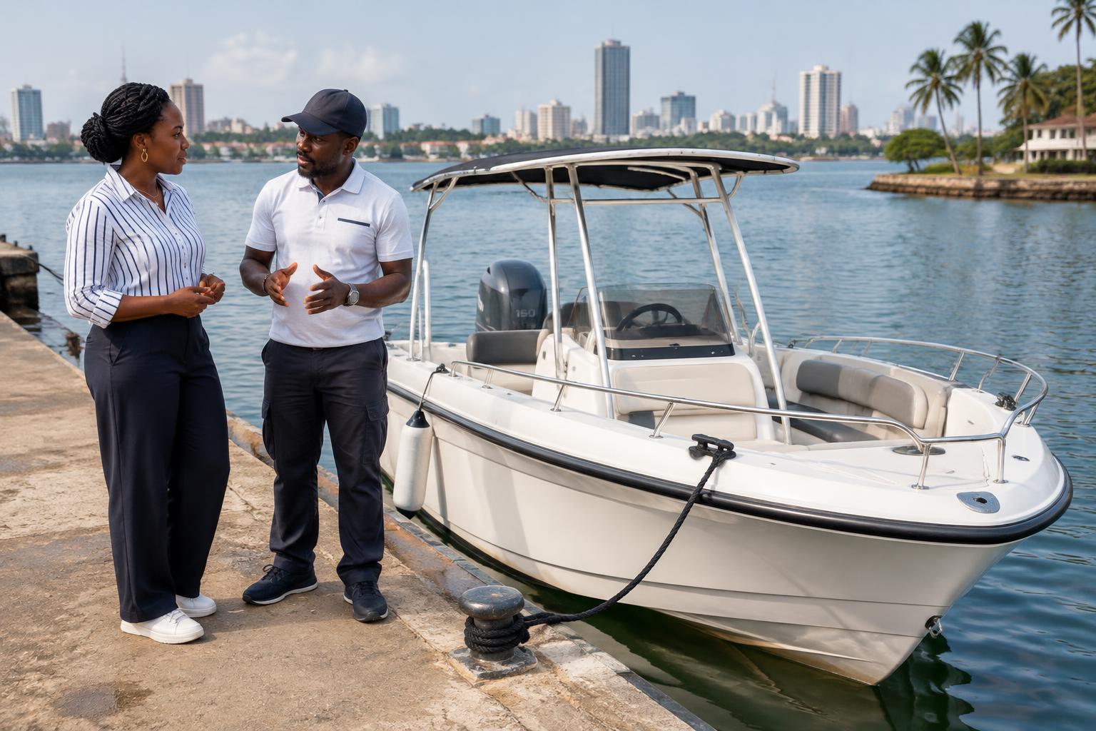 Une propriétaire et un capitaine près d’un bateau amarré à Abidjan